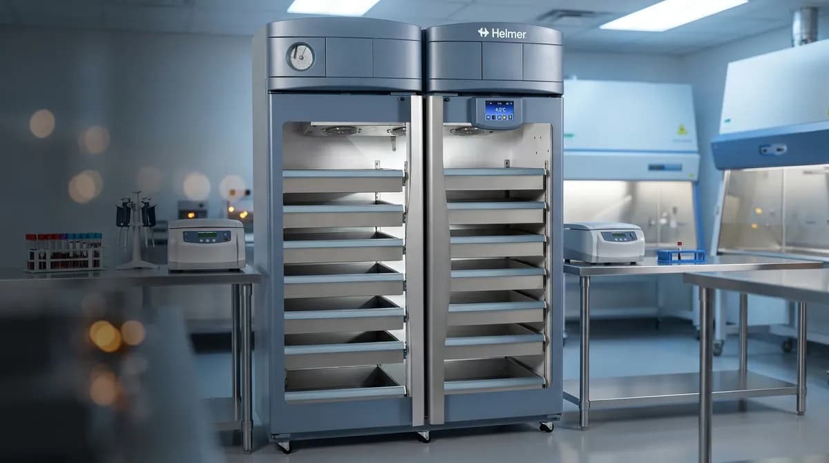 Medical-grade laboratory cooling technology in a clinical research environment — Helmer Scientific medical device ecommerce platform case study hero.