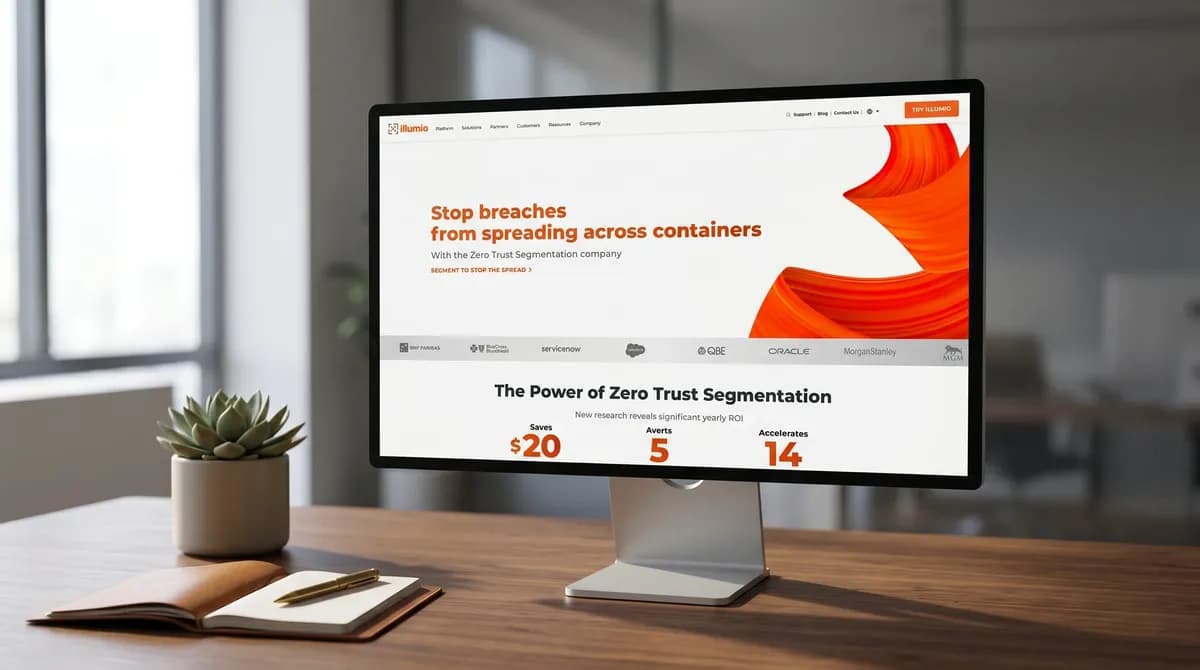 Editorial photograph of the Illumio.com homepage as displayed during Igility's stewardship period, rendered on a desktop monitor on a walnut desk in a softly-lit modern office — "Stop breaches from spreading across containers" Zero Trust Segmentation hero with the orange ribbon graphic, customer logos including BNP Paribas, BlueCross BlueShield, ServiceNow, Salesforce, QBE, Oracle, Morgan Stanley, and MGM, and the "Power of Zero Trust Segmentation" research callouts visible — Illumio cybersecurity Drupal platform case study hero.