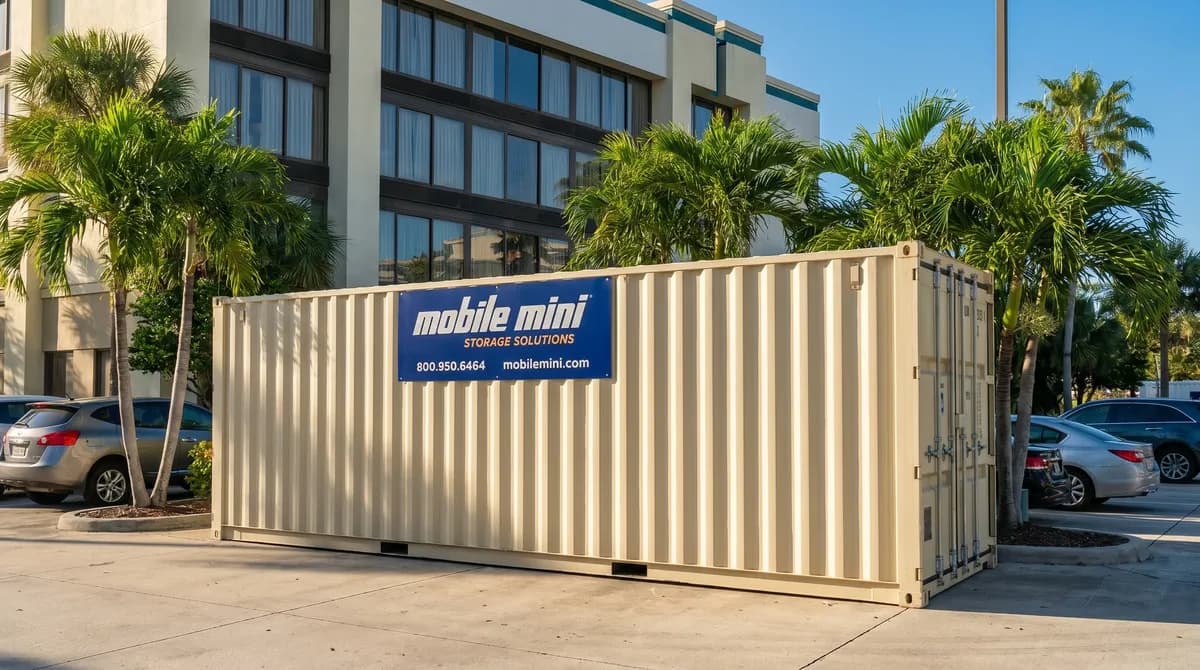 A cream-and-blue branded Mobile Mini portable storage container deployed behind a mid-rise hotel with palm trees and parked cars in a tropical hospitality setting — Mobile Mini nine-year B2B marketing platform case study hero.