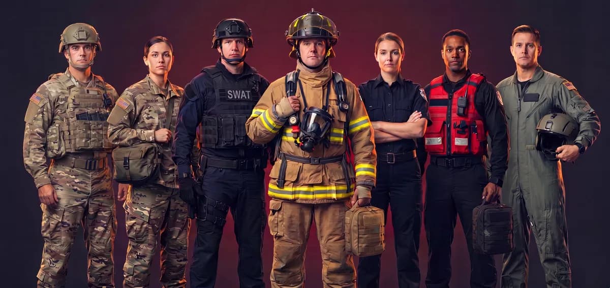 A studio lineup of the service members and first responders North American Rescue equips — a helmeted combat soldier, a second soldier, a SWAT officer, a firefighter, an EMS paramedic, a tactical medic in a red vest, and a flight medic — standing shoulder to shoulder against a dark backdrop. The firefighter and the tactical medic each carry a NAR IFAK trauma kit. North American Rescue NARMD government B2B commerce platform case study hero.